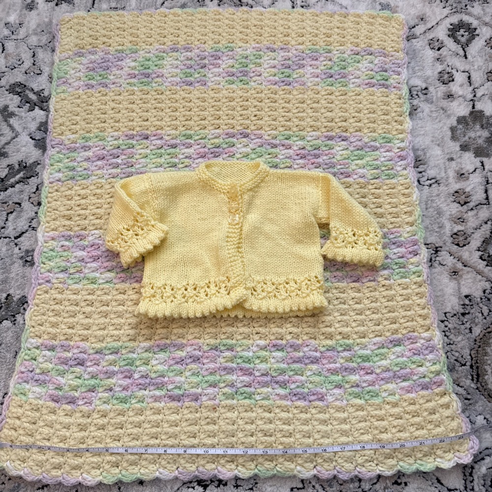 Vintage Handmade Crochet Baby Blanket & Sweater – Pastel 24 x 28 0-6m